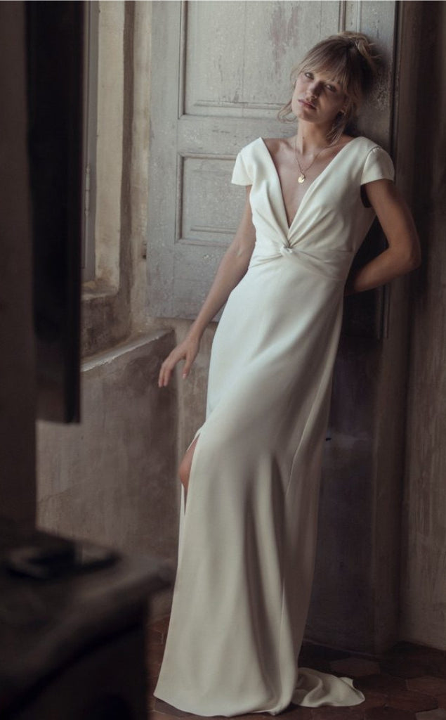 short sleeve satin wedding dress Short Sleeve Bridal Dress Beading Appliques Illusion Back France Satin Elsi John