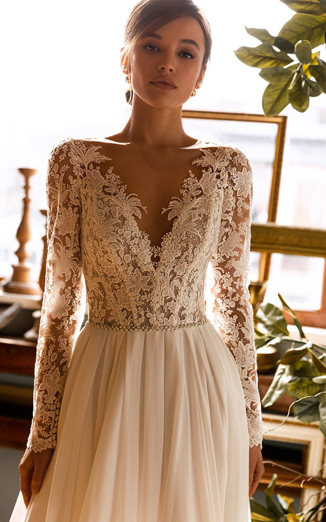 Ethereal Princess Boho Lace A-Line Wedding Dress with Sleeves Floral G DorrisDress Ethereal Princess Boho Lace A-Line Wedding Dress with Sleeves Floral G DorrisDress