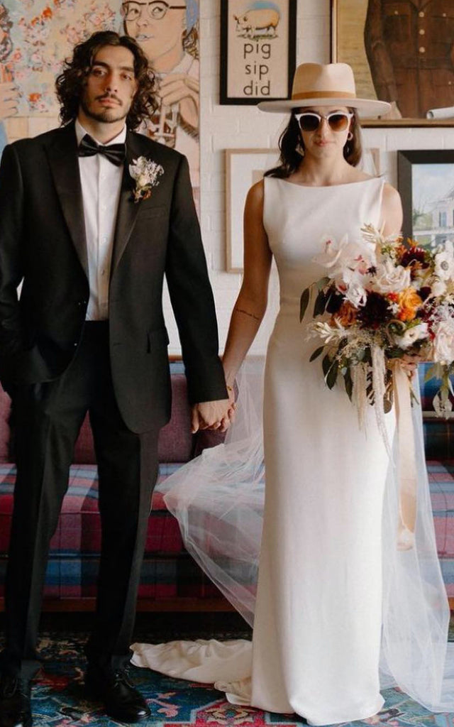 Modest Simple Satin Sheath Bateau Wedding Dress Urban Modern Sweep Tra DorrisDress Modest Simple Satin Sheath Bateau Wedding Dress Urban Modern Sweep Tra DorrisDress