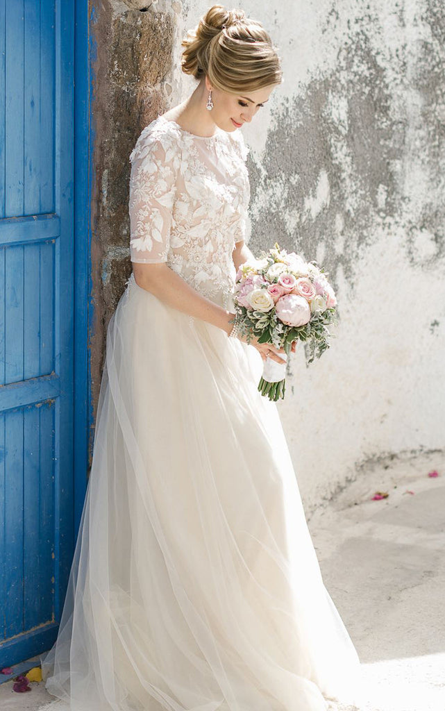 Summer Beach Boho Lace A-Line Wedding Dress Floral Modest Vintage Bateau Neckline Half Sleeves Tulle Bridal Gown Summer Beach Boho Lace A-Line Wedding Dress Floral Modest Vintage Bateau Neckline Half Sleeves Tulle Bridal Gown