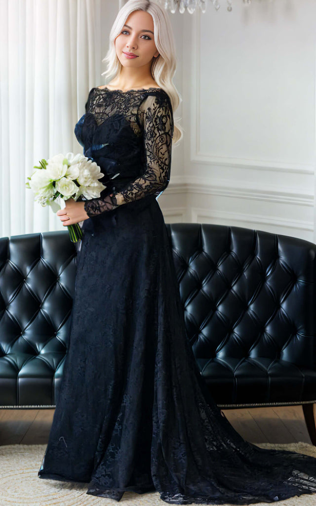 Gothic Black A-Line Boho Lace Bell Sleeves Wedding Dress Vintage