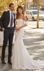 Sexy Modern Mermaid Off-the-Shoulder Wedding Dress Summer City Hall Western Sleeveless Floor Length Bridal Gown with Court Train