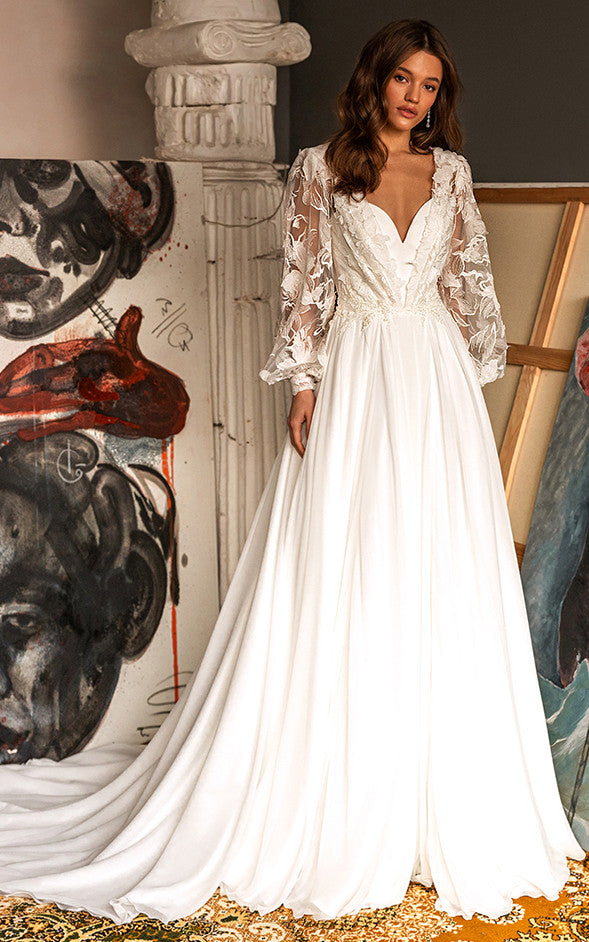Modest Fairy Sweetheart A-Line Boho Lace Wedding Dress Flowy Floral Pu – DorrisDress