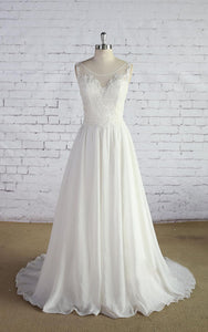 Chiffon Sleeveless Scoop Neck A-Line Dress With Lace Bodice and Low-V Back