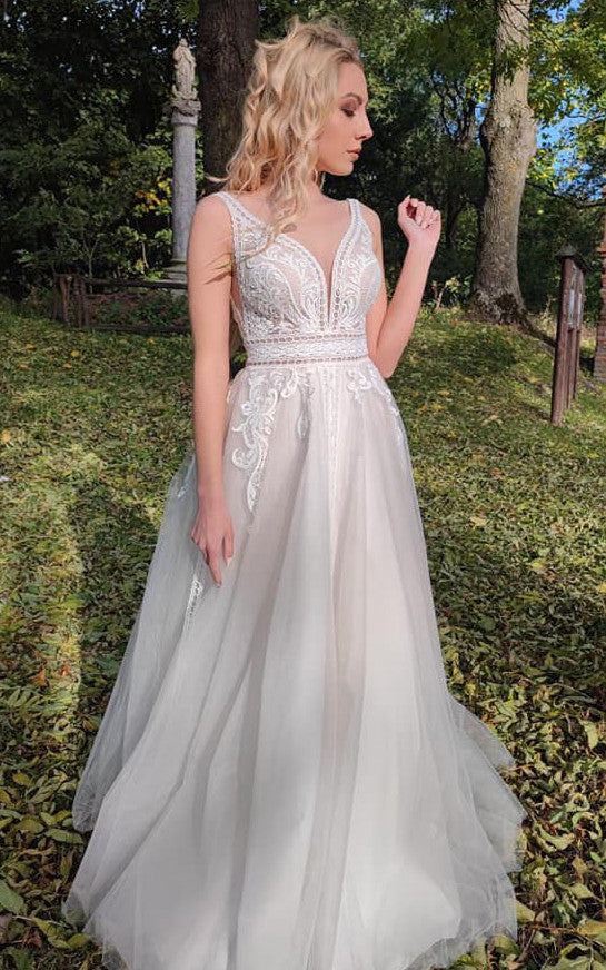 Designer Lace Cap Sleeve V-back A-line Nude Wedding Dress