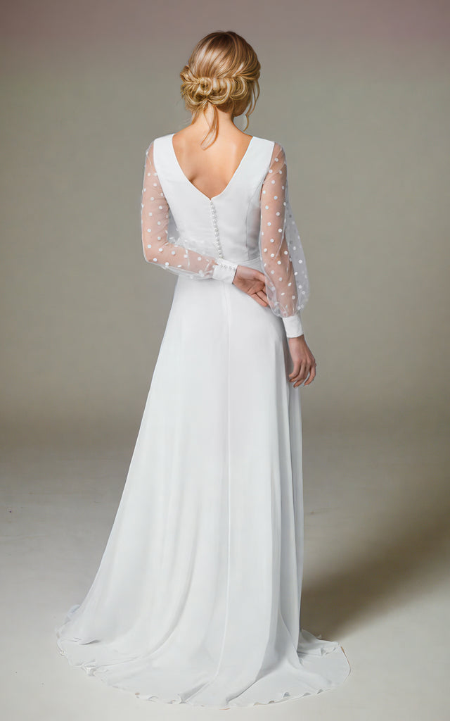 Vintage Polka Dot Long Sleeve Wedding Dress Rustic Illusion V-Neck Pea – DorrisDress Vintage Polka Dot Long Sleeve Wedding Dress Rustic Illusion V-Neck Pea – DorrisDress