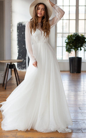 Chiffon Floor-length Court Train A Line Long Sleeve Elegant Wedding Dress
