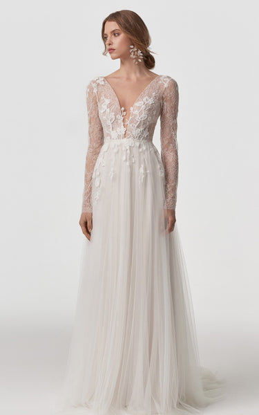 Ethereal A Line V-neck Lace Tulle Long Sleeve Sweep Train Wedding Dress with Appliques and Open Back