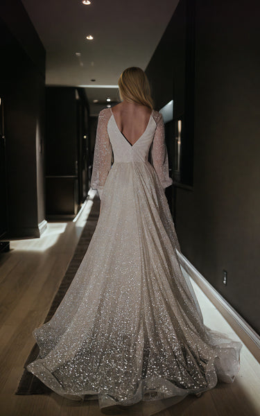 Elegant Sequins A-Line Long Sleeves Wedding Dress Sexy Plunging Beach Bridal Gown with Split Front