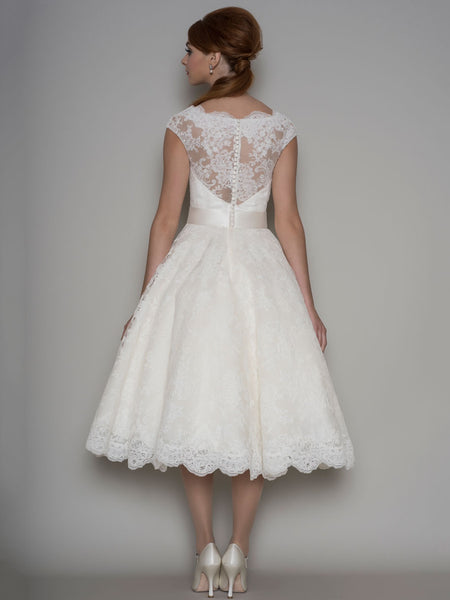 Bateau A-line Tea-length Lace Wedding Dress With Illusion back