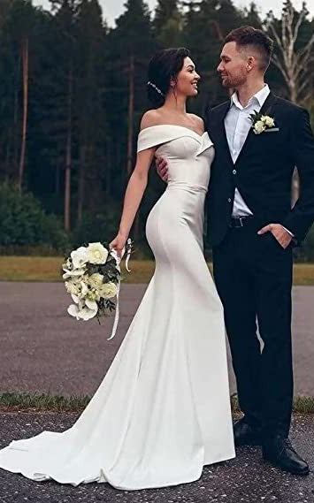 Mermaid Off-the-shoulder Satin Wedding Dress Casual Elegant Romantic Adorable Country Garden With Open Back And Short Sleeves-716780 Mermaid Off-the-shoulder Satin Wedding Dress Casual Elegant Romantic Adorable Country Garden With Open Back And Short Sleeves-716780