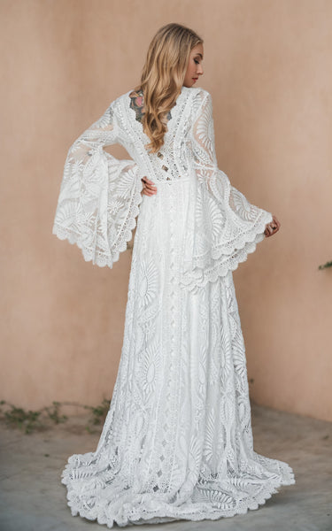 Simple Modest Casual Beach Boho Lace A-Line Wedding Dress with V-Neck and Sweep Train