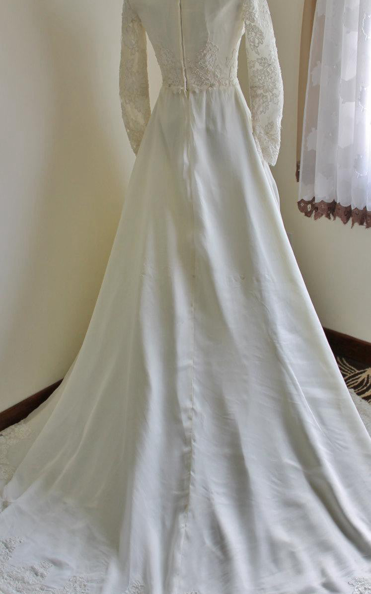 Queen Anne Neck Long Sleeve A-Line Satin Wedding Dress With Lace Hem-E   DorrisDress
