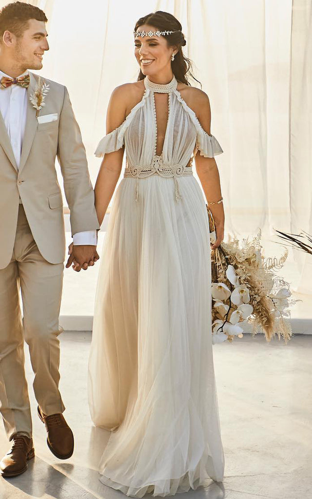 Grecian A-Line Off-the-shoulder Tulle Wedding Dress With Halter Neckli – DorrisDress