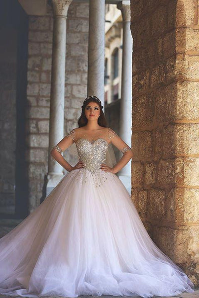 Glamorous Illusion Half Sleeve Tulle Wedding Dress Beadings Ball Gown