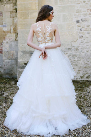 Tulle A-Line Ball Gown Wedding Dress With Illusion Appliqued Top