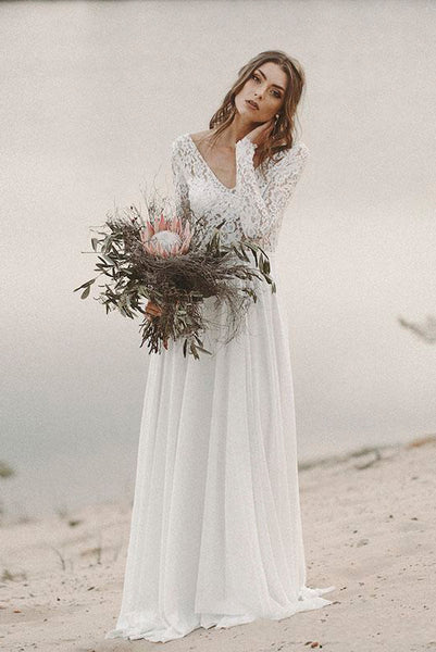 Simple Long Sleeves A-line Wedding Dress with Lace And V-neck