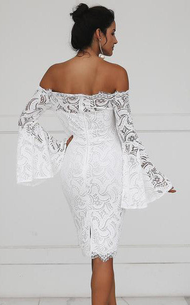 Casual Pencil Knee-length Lace Off-the-shoulder Long Sleeve Wedding Dress