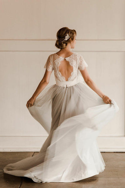 Bohemian Tulle A-Line Jewel Neckline Wedding Dress With Keyhole Back And Appliques