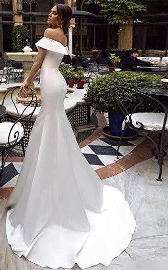 Mermaid Off-the-shoulder Satin Wedding Dress Casual Elegant Romantic A – DorrisDress