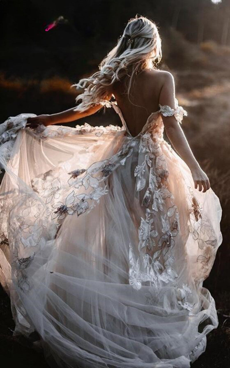 Flowy Country Off The Shoulder Lace Boho Wedding Dress with 3D Floral DorrisDress Flowy Country Off The Shoulder Lace Boho Wedding Dress with 3D Floral DorrisDress