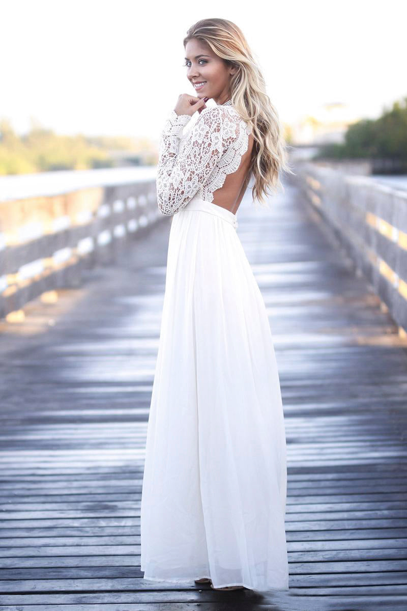 Simple Boho Illusion Lace Long Sleeve V Neck Wedding Dress With Open Back