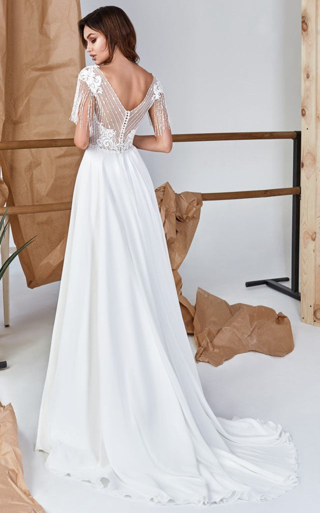 Elegant A-Line Lace Chiffon V-neck Wedding Dress with Split Front and DorrisDress Elegant A-Line Lace Chiffon V-neck Wedding Dress with Split Front and DorrisDress