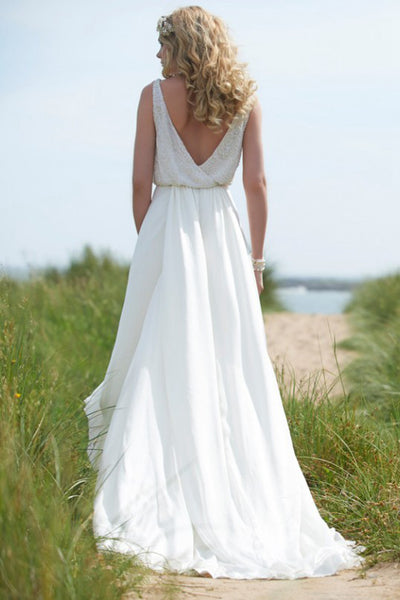 Straps Maxi Beaded Chiffon Wedding Dress With Sweep Train And V Back