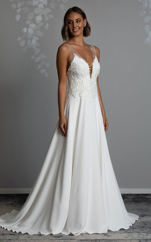 A-Line V-neck Spandex Casual Wedding Dress With Deep-V Back And Appliq – DorrisDress