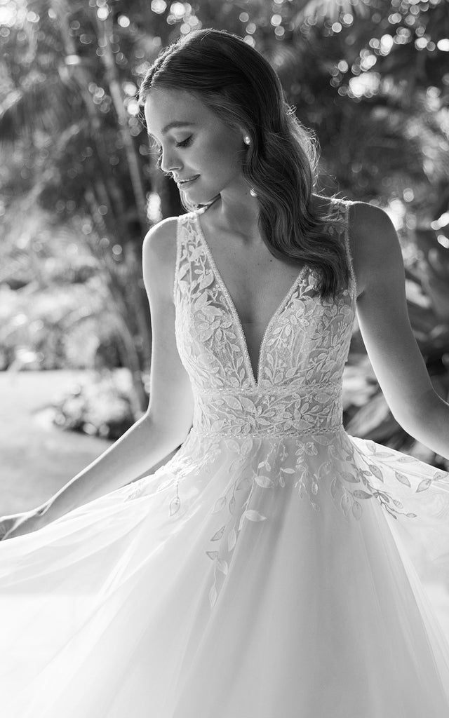 A-Line Elegant V-neck Lace Wedding Dress With Deep-V Back And Applique