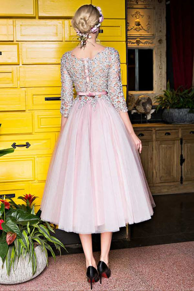 3-4 Lace Sleeve Scoop Neck Tea Length Tulle Dress