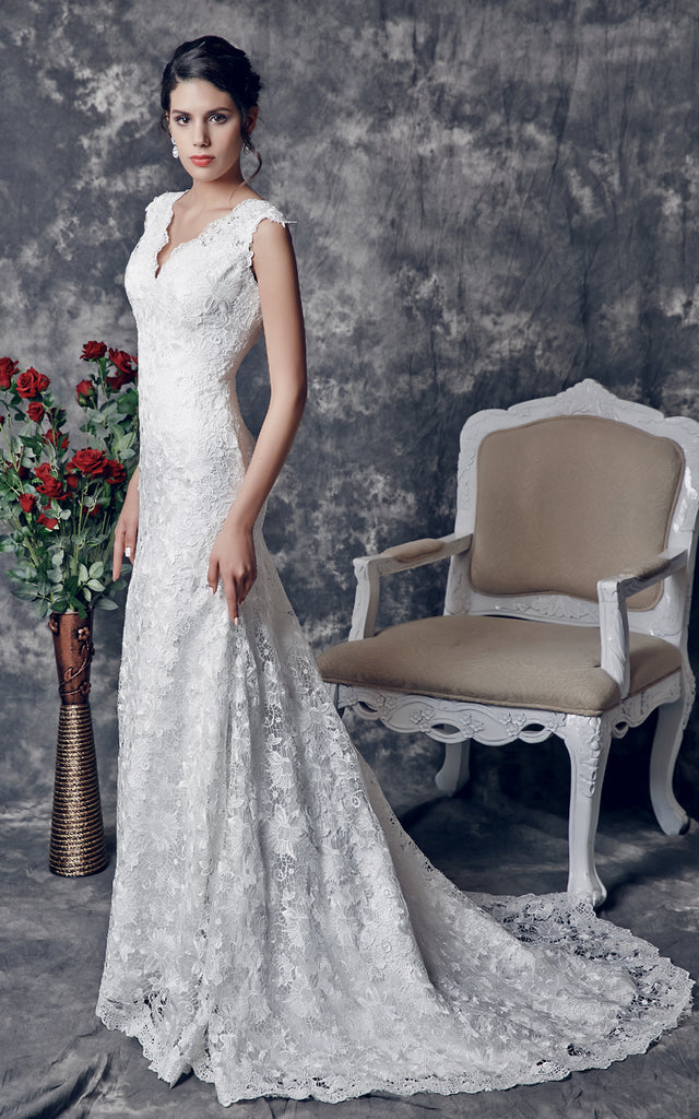 vintage lace trumpet wedding dress Trumpet Wedding Dress with Decadent Beading
