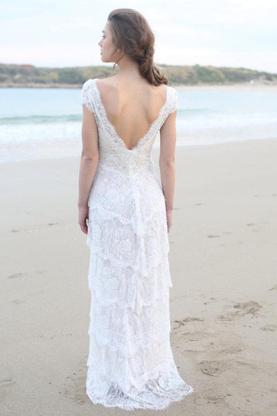 Plunged Sheath Cap-Sleeve Tired Boho Style Wedding Dress And Deep-V Back