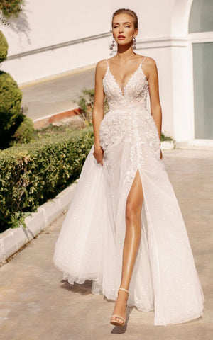 Sexy V-neck Lace A Line Wedding dress With Straps And Open Back