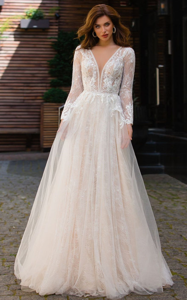 Long Sleeved A Line Plunging Neckline Tulle Wedding Dress with Appliqu DorrisDress Long Sleeved A Line Plunging Neckline Tulle Wedding Dress with Appliqu DorrisDress