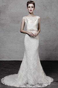 Floor-Length Cowl Appliqued Cap-Sleeve Lace Wedding Dress With Beading