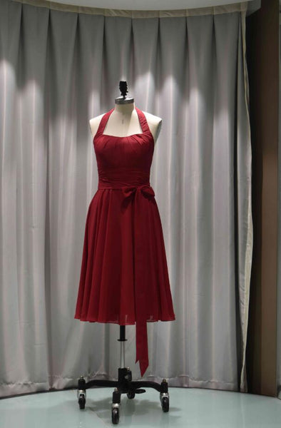 Halter Neck A-Line Chiffon Tea Length Bridesmaid Dress-100358