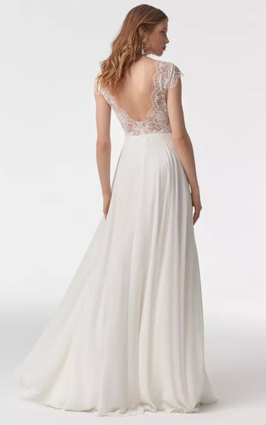 Elegant A Line Chiffon Long Sleeve Illusion Cap Wedding Dress with Lace