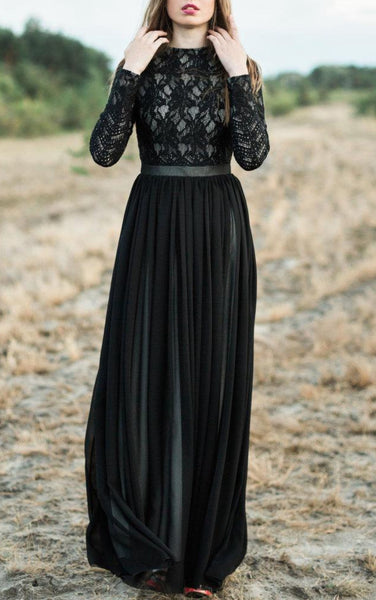 A-line Long Sleeve Chiffon&Lace Dress With Tiers-105644