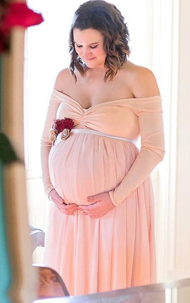 Off-the-shoulder Long Sleeve Chiffon Maternity Dress With Split Front&Split-105846