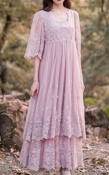 Lace Dress With Tiers&Flower&Embroideries-105956