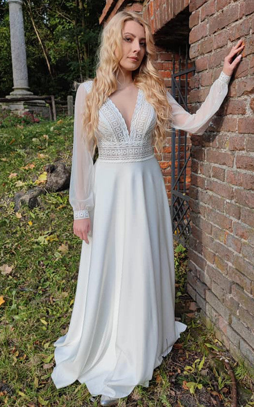 simple elegant satin wedding dresses with sleeves Simple Sheath Long Sleeves Wedding Dress Soft Satin - main image 1