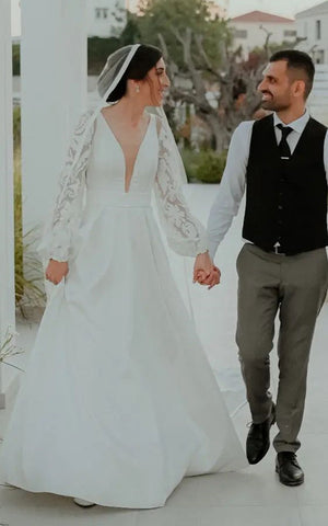 Ethereal A Line Plunging Neckline Satin Sweep Train Wedding Dress