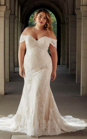 Spring Beach Country Plus Size Off-the-Shoulder Mermaid Boho Lace Wedding Dress with Sweep Train