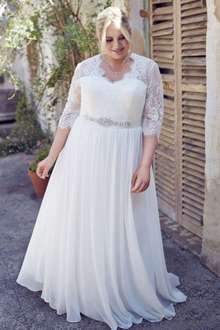 Jeweled Half-Sleeve V-Neck Chiffon Plus Size Wedding Dress With Pleats