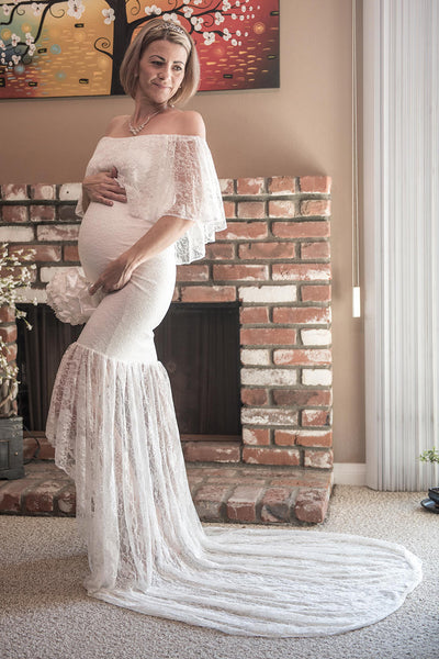 Country Off-the-shoulder Half Sleeve Lace Pleated Ruffled Maternity Wedding Dress