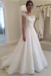 Bateau Lace Adorable Bridal Dress With Illusion Button Back And Cap Sleeves