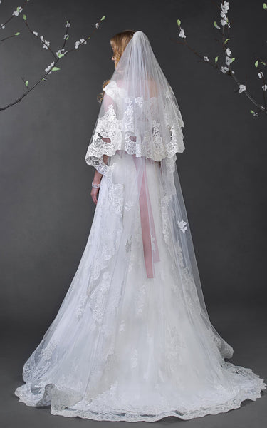 A-Line Floor-Length Off-The-Shoulder Cap-Sleeve Illusion Lace Dress With Appliques And Waist Jewellery