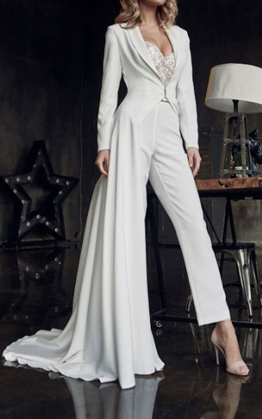 Formal Elegant Two Piece Satin Boho Long Sleeve Wedding Dress Simple Modest Western Sweetheart Jumpsuit Gown