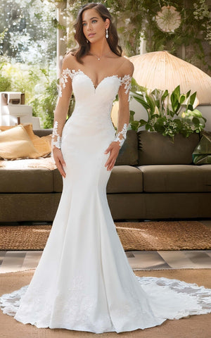 Elegant Sexy Mermaid Long Sleeves Boho Lace Wedding Dress Romantic Charming Sweetheart Bridal Gown with Train